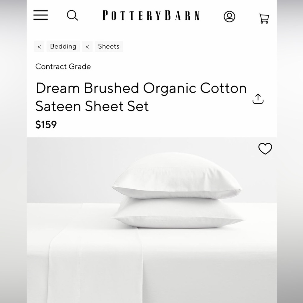Pottery Barn Organic Cotton Sateen Sheet Set - White, Full Size